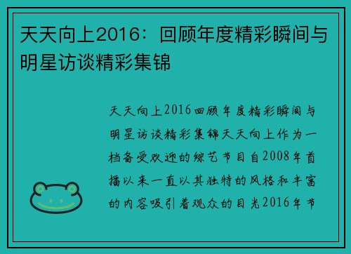 天天向上2016：回顾年度精彩瞬间与明星访谈精彩集锦